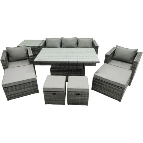 Fimous PE Rattan Garden Furniture Set Lounge Sofa Rising Dining Table Set with Side Table 4 Footstool Dark Grey Mixed