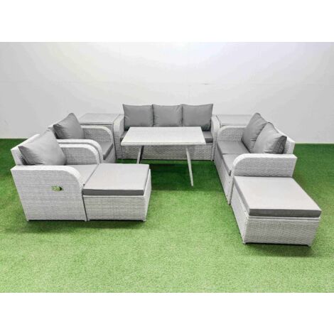 Fimous PE Rattan Garden Furniture Set Outdoor Rectangular Dining Table Sofa Set with Reclining Chair 2 Big Stool 2 Side Tables Light Grey