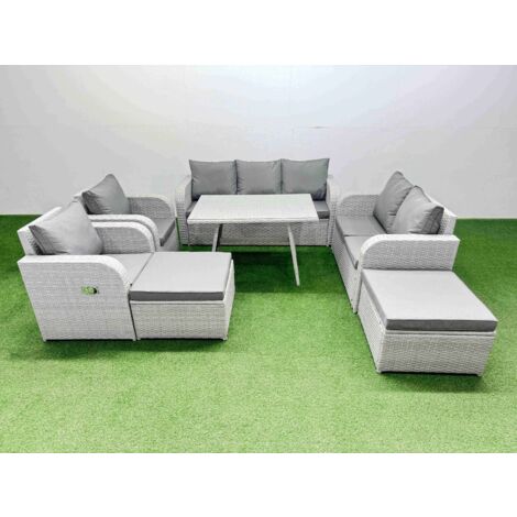 Fimous PE Rattan Garden Furniture Set Outdoor Rectangular Dining Table Sofa Set with Reclining Chair 2 Big Stool Light Grey