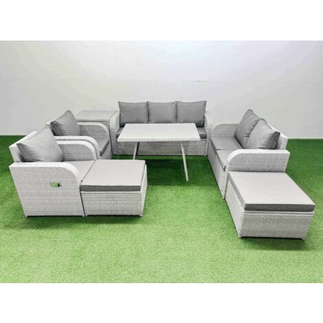 Fimous PE Rattan Garden Furniture Set Outdoor Rectangular Dining Table Sofa Set with Reclining Chair 2 Big Stool Side Table Light Grey