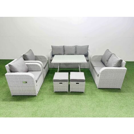 Fimous PE Rattan Garden Furniture Set Outdoor Rectangular Dining Table Sofa Set with Reclining Chair 2 Small Stool Light Grey