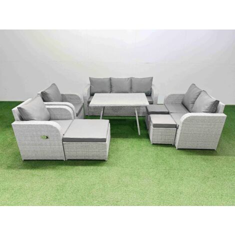 Fimous PE Rattan Garden Furniture Set Outdoor Rectangular Dining Table Sofa Set with Reclining Chair 3 Stool Light Grey
