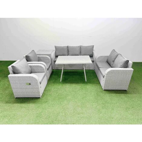 Fimous PE Rattan Garden Furniture Set Outdoor Rectangular Dining Table Sofa Set with Reclining Chair Side Table Light Grey