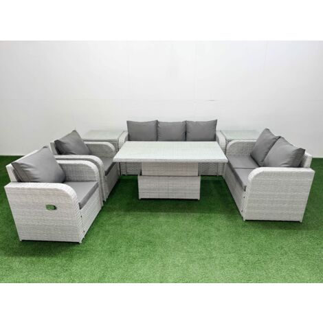 Fimous PE Rattan Garden Furniture Set Reclining Chair Sofa Double Love Seat 2 Seater Sofa Lounge Set Adjustable Lifting Dining or Coffee Table 2 Side Table Light Grey