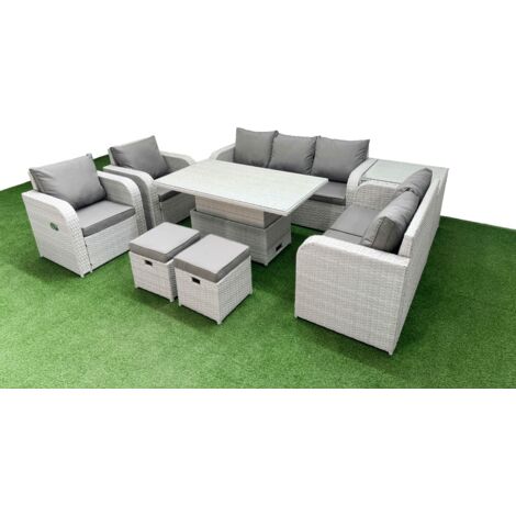 Fimous PE Rattan Garden Furniture Set Reclining Chair Sofa Double Love Seat 2 Seater Sofa Lounge Set Adjustable Lifting Dining or Coffee Table 2 Stools Side Table Light Grey
