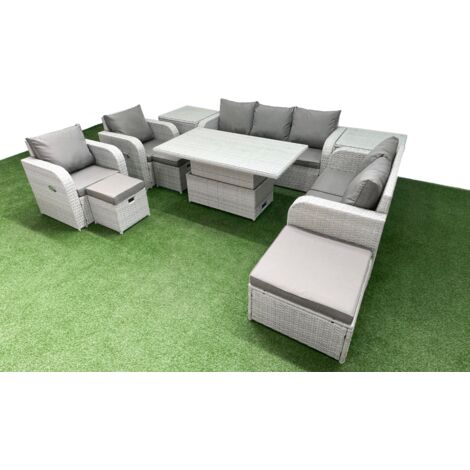 Fimous PE Rattan Garden Furniture Set Reclining Chair Sofa Double Love Seat 2 Seater Sofa Lounge Set Adjustable Lifting Dining or Coffee Table 3 Stools 2 Side Table Light Grey