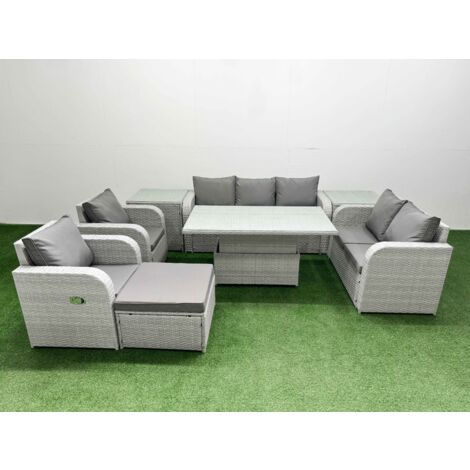 Fimous PE Rattan Garden Furniture Set Reclining Chair Sofa Double Love Seat 2 Seater Sofa Lounge Set Adjustable Lifting Dining or Coffee Table Big Footstool 2 Side Table Light Grey