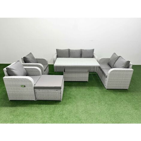 Fimous PE Rattan Garden Furniture Set Reclining Chair Sofa Double Love Seat 2 Seater Sofa Lounge Set Adjustable Lifting Dining or Coffee Table Big Footstool Light Grey