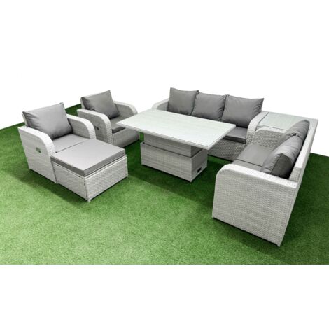 Fimous PE Rattan Garden Furniture Set Reclining Chair Sofa Double Love Seat 2 Seater Sofa Lounge Set Adjustable Lifting Dining or Coffee Table Big Footstool Side Table Light Grey