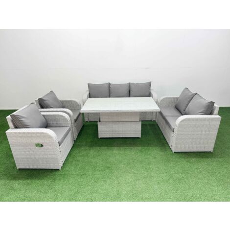 Fimous PE Rattan Garden Furniture Set Reclining Chair Sofa Double Love Seat 2 Seater Sofa Lounge Set Adjustable Lifting Dining or Coffee Table Light Grey