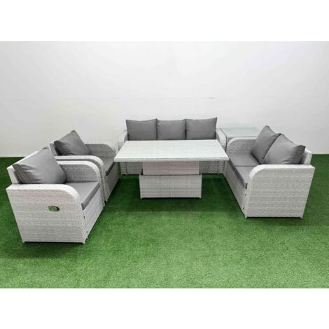 Fimous PE Rattan Garden Furniture Set Reclining Chair Sofa Double Love Seat 2 Seater Sofa Lounge Set Adjustable Lifting Dining or Coffee Table Side Table Light Grey