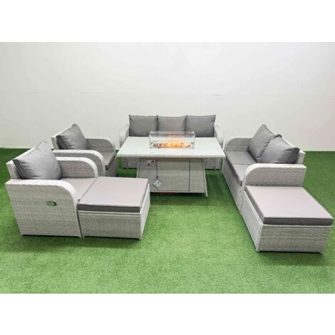 Fimous PE Rattan Garden Furniture Set Reclining Chair Sofa Double Love Seat 2 Seater Sofa Lounge Set Firepit Dining Table 2 Big Footstool Light Grey
