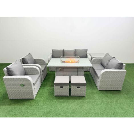 Fimous PE Rattan Garden Furniture Set Reclining Chair Sofa Double Love Seat 2 Seater Sofa Lounge Set Firepit Dining Table 2 Stools Side Table Light Grey