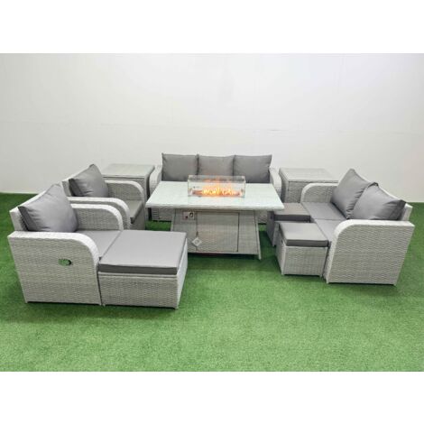 Fimous PE Rattan Garden Furniture Set Reclining Chair Sofa Double Love Seat 2 Seater Sofa Lounge Set Firepit Dining Table 3 Stools 2 Side Table Light Grey