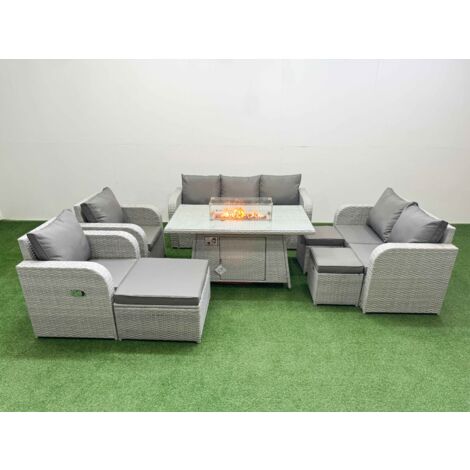 Fimous PE Rattan Garden Furniture Set Reclining Chair Sofa Double Love Seat 2 Seater Sofa Lounge Set Firepit Dining Table 3 Stools Light Grey