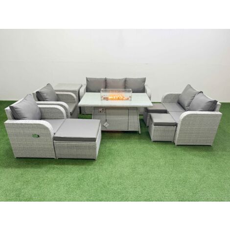 Fimous PE Rattan Garden Furniture Set Reclining Chair Sofa Double Love Seat 2 Seater Sofa Lounge Set Firepit Dining Table 3 Stools Side Table Light Grey