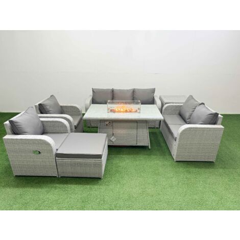 Fimous PE Rattan Garden Furniture Set Reclining Chair Sofa Double Love Seat 2 Seater Sofa Lounge Set Firepit Dining Table Big Footstool Side Table Light Grey