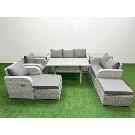 Fimous PE Rattan Garden Furniture Set Reclining Chair Sofa Double Love Seat 2 Seater Sofa Lounge Set Rectangular Dining Table 2 Big Footstool 2 Side Table Light Grey