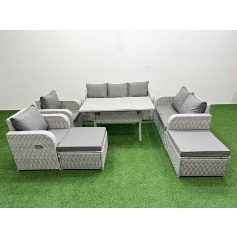 Fimous PE Rattan Garden Furniture Set Reclining Chair Sofa Double Love Seat 2 Seater Sofa Lounge Set Rectangular Dining Table 2 Big Footstool Light Grey
