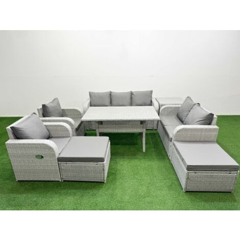 Fimous PE Rattan Garden Furniture Set Reclining Chair Sofa Double Love Seat 2 Seater Sofa Lounge Set Rectangular Dining Table 2 Big Footstool Side Table Light Grey
