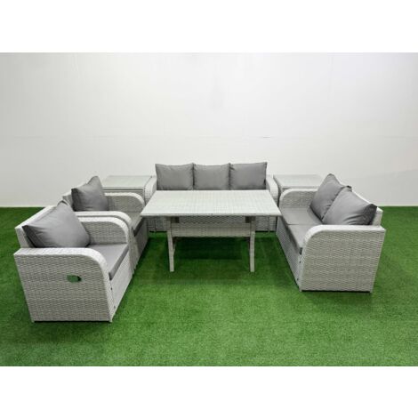 Fimous PE Rattan Garden Furniture Set Reclining Chair Sofa Double Love Seat 2 Seater Sofa Lounge Set Rectangular Dining Table 2 Side Table Light Grey