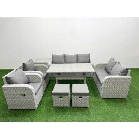 Fimous PE Rattan Garden Furniture Set Reclining Chair Sofa Double Love Seat 2 Seater Sofa Lounge Set Rectangular Dining Table 2 Stools Side Table Light Grey