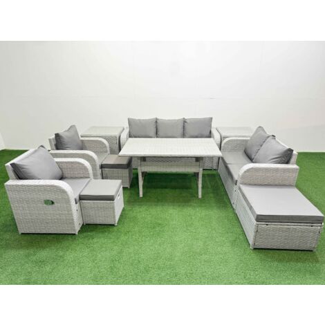 Fimous PE Rattan Garden Furniture Set Reclining Chair Sofa Double Love Seat 2 Seater Sofa Lounge Set Rectangular Dining Table 3 Stools 2 Side Table Light Grey