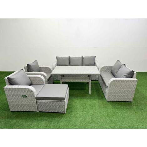 Fimous PE Rattan Garden Furniture Set Reclining Chair Sofa Double Love Seat 2 Seater Sofa Lounge Set Rectangular Dining Table Big Footstool Light Grey