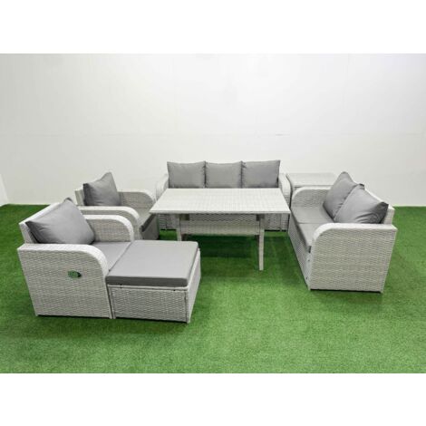 Fimous PE Rattan Garden Furniture Set Reclining Chair Sofa Double Love Seat 2 Seater Sofa Lounge Set Rectangular Dining Table Big Footstool Side Table Light Grey