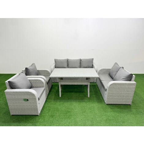 Fimous PE Rattan Garden Furniture Set Reclining Chair Sofa Double Love Seat 2 Seater Sofa Lounge Set Rectangular Dining Table Light Grey