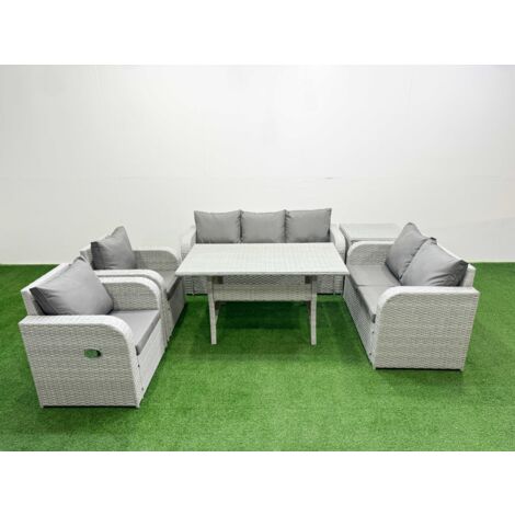 Fimous PE Rattan Garden Furniture Set Reclining Chair Sofa Double Love Seat 2 Seater Sofa Lounge Set Rectangular Dining Table Side Table Light Grey
