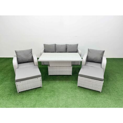 Fimous PE Rattan Garden Furniture Set Reclining Chair Sofa Lounge Sofa Set Adjustable Lifting Dining or Coffee Table 2 Big Footstool Light Grey