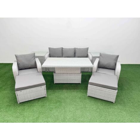 Fimous PE Rattan Garden Furniture Set Reclining Chair Sofa Lounge Sofa Set Adjustable Lifting Dining or Coffee Table 2 Side Table 2 Big Footstool Light Grey