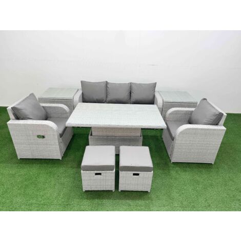 Fimous PE Rattan Garden Furniture Set Reclining Chair Sofa Lounge Sofa Set Adjustable Lifting Dining or Coffee Table 2 Side Table 2 Small Stools Light Grey