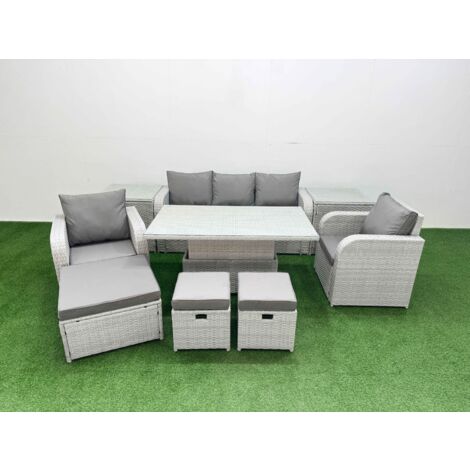 Fimous PE Rattan Garden Furniture Set Reclining Chair Sofa Lounge Sofa Set Adjustable Lifting Dining or Coffee Table 2 Side Table 3 Stools Light Grey