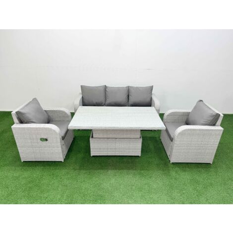 Fimous PE Rattan Garden Furniture Set Reclining Chair Sofa Lounge Sofa Set Adjustable Lifting Dining or Coffee Table Light Grey