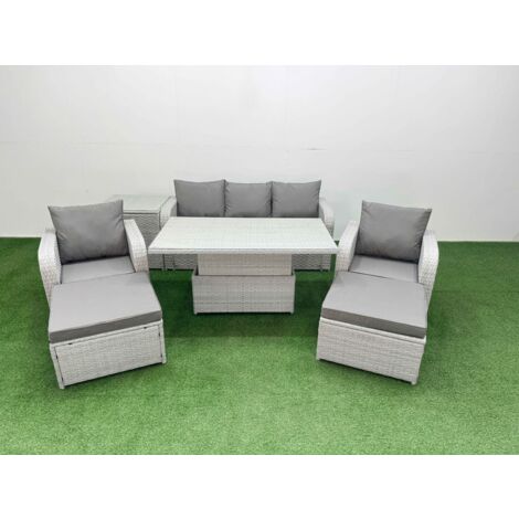 Fimous PE Rattan Garden Furniture Set Reclining Chair Sofa Lounge Sofa Set Adjustable Lifting Dining or Coffee Table Side Table 2 Big Footstool Light Grey