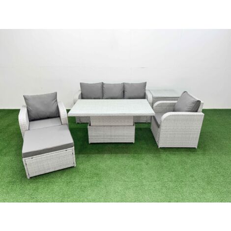 Fimous PE Rattan Garden Furniture Set Reclining Chair Sofa Lounge Sofa Set Adjustable Lifting Dining or Coffee Table Side Table Big Footstool Light Grey