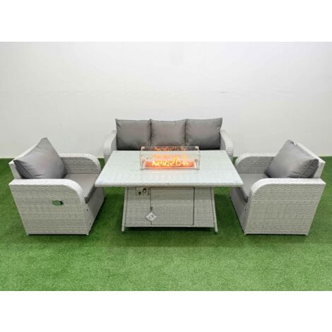 Fimous PE Rattan Garden Furniture Set Reclining Chair Sofa Lounge Sofa Set Firepit Dining Table Light Grey