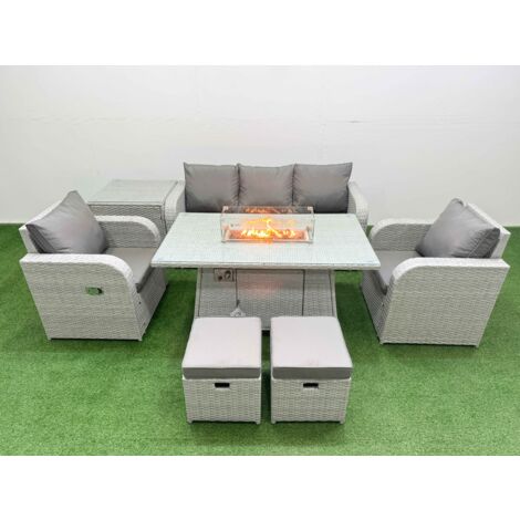 Fimous PE Rattan Garden Furniture Set Reclining Chair Sofa Lounge Sofa Set Firepit Dining Table Side Table 2 Small Stools Light Grey