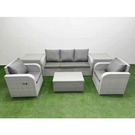 Fimous PE Rattan Garden Furniture Set Reclining Chair Sofa Lounge Sofa Set Oblong Coffee Table 2 Side Table Light Grey