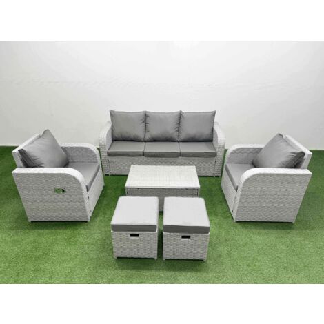 Fimous PE Rattan Garden Furniture Set Reclining Chair Sofa Lounge Sofa Set Oblong Coffee Table 2 Small Stools Light Grey