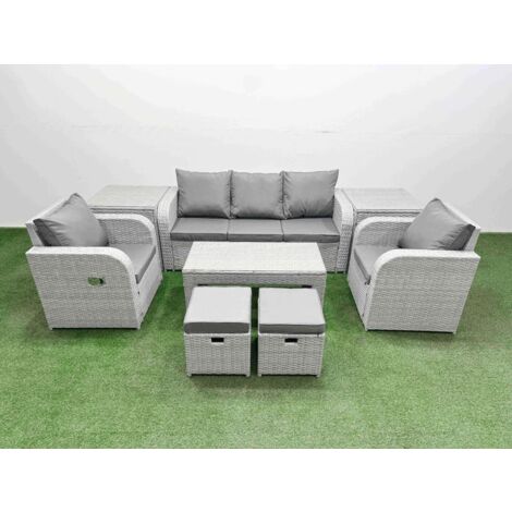 Fimous PE Rattan Garden Furniture Set Reclining Chair Sofa Lounge Sofa Set Rectangular Coffee Table 2 Side Table 2 Small Stools Light Grey