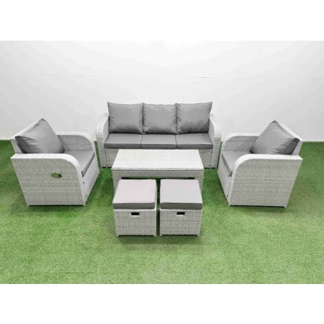 Fimous PE Rattan Garden Furniture Set Reclining Chair Sofa Lounge Sofa Set Rectangular Coffee Table 2 Small Stools Light Grey