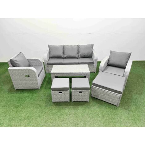 Fimous PE Rattan Garden Furniture Set Reclining Chair Sofa Lounge Sofa Set Rectangular Coffee Table 3 Stools Light Grey