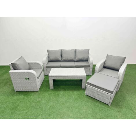 Fimous PE Rattan Garden Furniture Set Reclining Chair Sofa Lounge Sofa Set Rectangular Coffee Table Big Footstool Light Grey