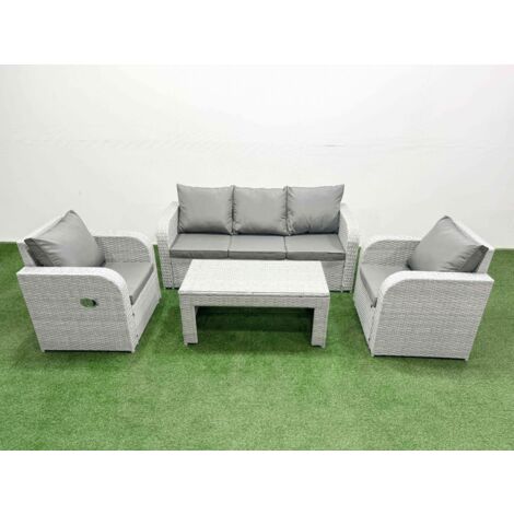 Fimous PE Rattan Garden Furniture Set Reclining Chair Sofa Lounge Sofa Set Rectangular Coffee Table Light Grey