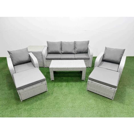 Fimous PE Rattan Garden Furniture Set Reclining Chair Sofa Lounge Sofa Set Rectangular Coffee Table Side Table 2 Big Footstool Light Grey
