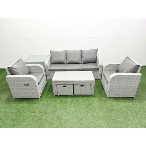 Fimous PE Rattan Garden Furniture Set Reclining Chair Sofa Lounge Sofa Set Rectangular Coffee Table Side Table 2 Small Stools Light Grey