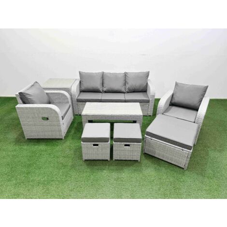 Fimous PE Rattan Garden Furniture Set Reclining Chair Sofa Lounge Sofa Set Rectangular Coffee Table Side Table 3 Stools Light Grey